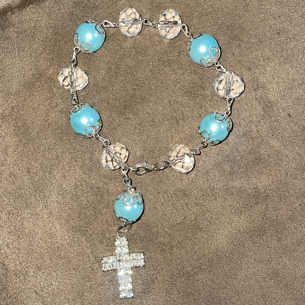 Vintage glass crystal bead and blue bead rosary bracelet